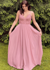 Sandy | A Line Lace Embroidered Rose Gold Chiffon Long Bridesmaid Dress - Price #price_variant_lowest# - RosyBrown - PromDressClub